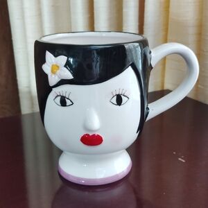 Hand Painted Ceramic Lady Face 14 oz. Mug Plumeria Flower In Hair P|O Homeware